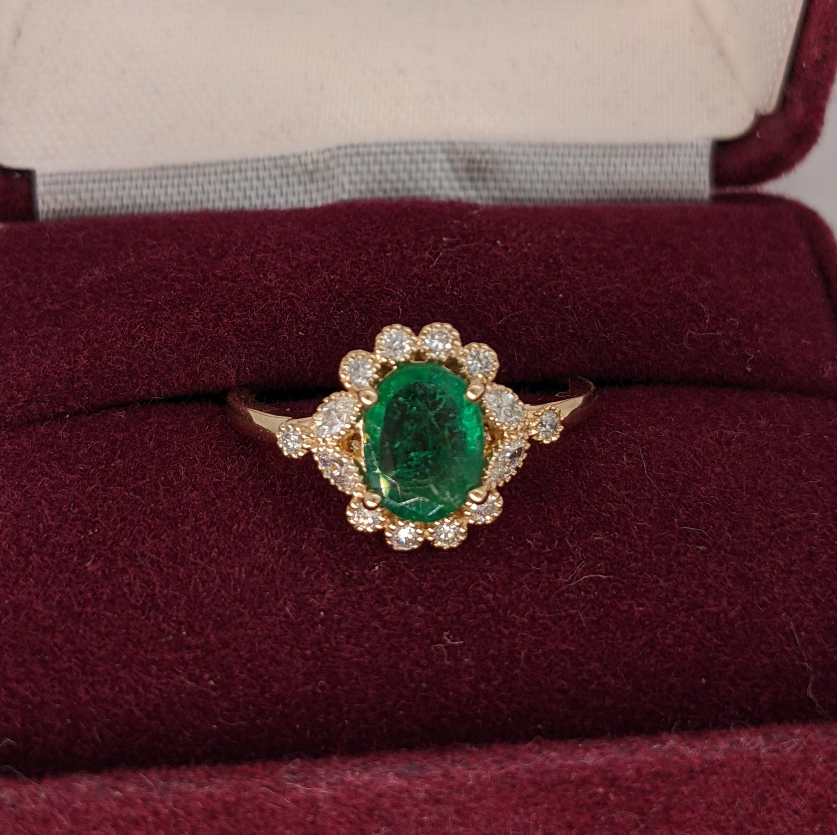 Women's Vintage Inspired Emerald Ring w Earth Mined Diamonds in Solid 14K Gold Oval 8x6