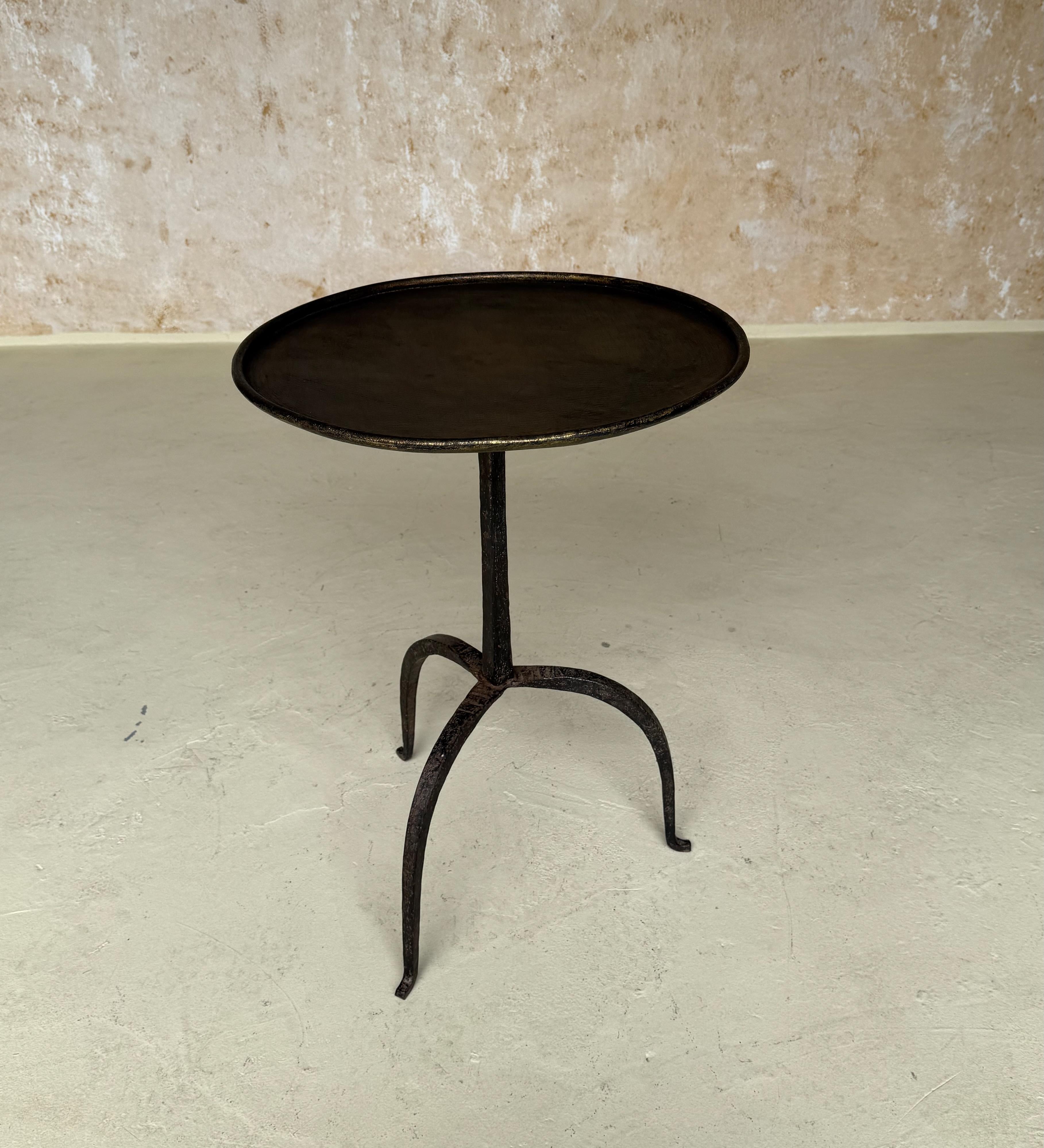 Vintage-Inspired French Iron Drinks Table with Dark Gilt Patina For Sale 1