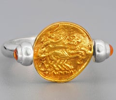 Vintage Inspired Gold Coin Ring, Yellow Sapphires Ring, Ancient Coin Ring
