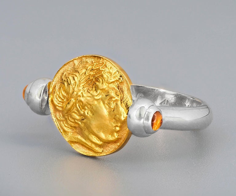 For Sale:  Vintage Inspired Gold Coin Ring, Yellow Sapphires Ring, Ancient Coin Ring 3