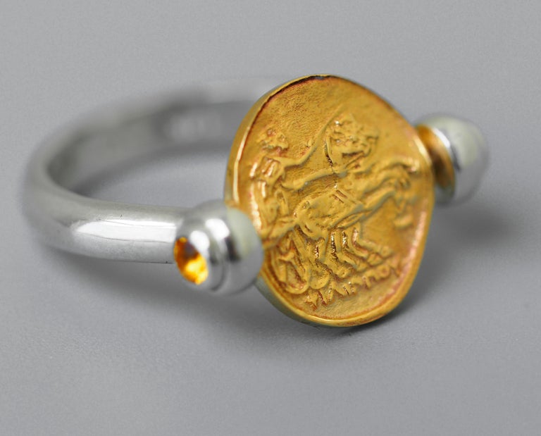 For Sale:  Vintage Inspired Gold Coin Ring, Yellow Sapphires Ring, Ancient Coin Ring 7