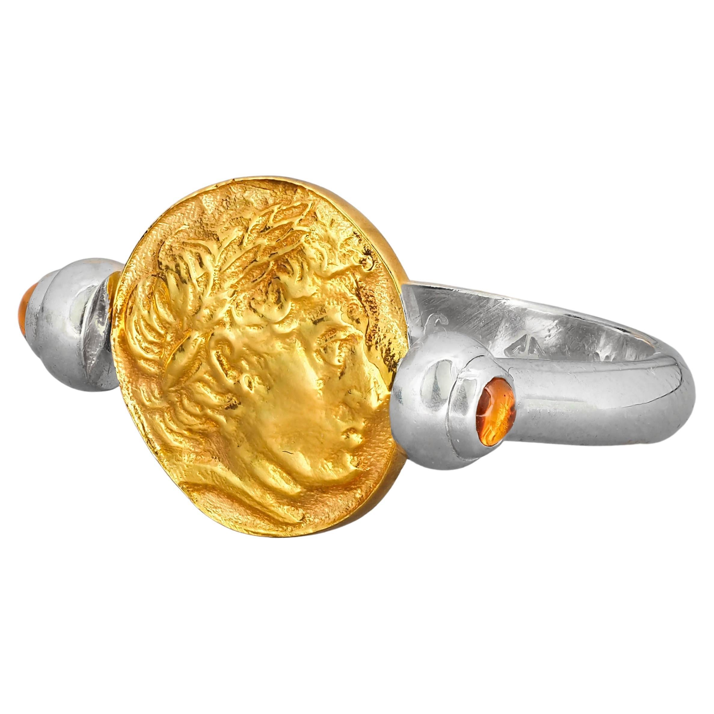 Goldmünze-Ring, gelber Saphir-Ring, antiker Münzring
