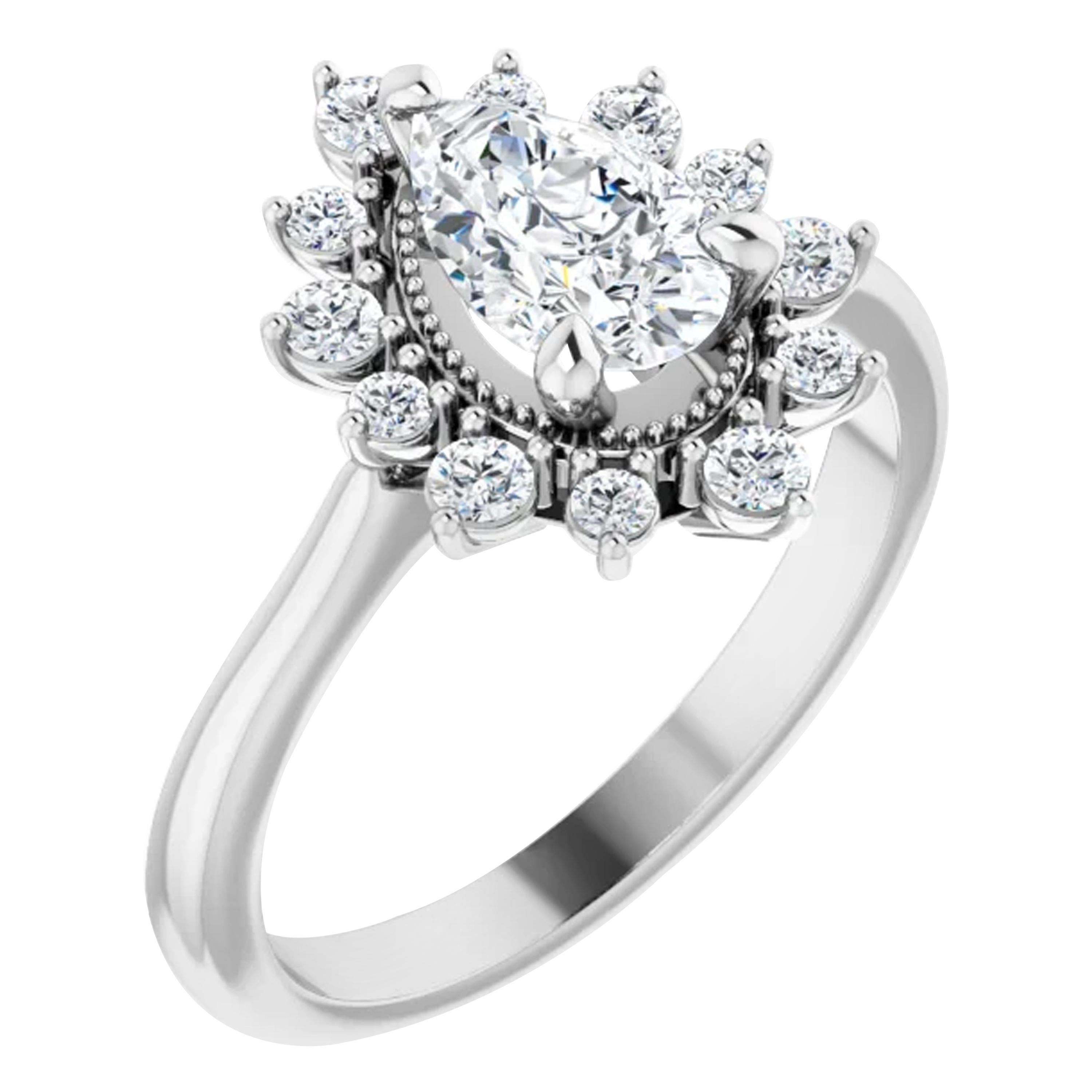 Vintage Inspired Halo Diamond Accented Pear Shape GIA Certified Engagement Ring For Sale