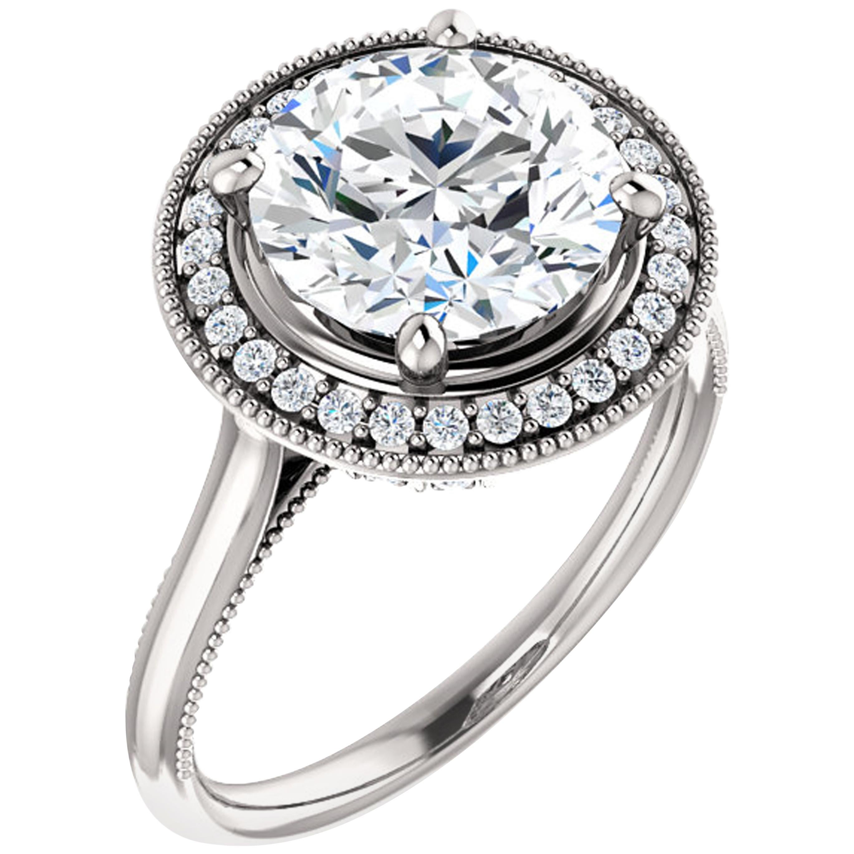 Vintage Inspired Halo Diamond Accented Round GIA Certified Engagement Ring For Sale