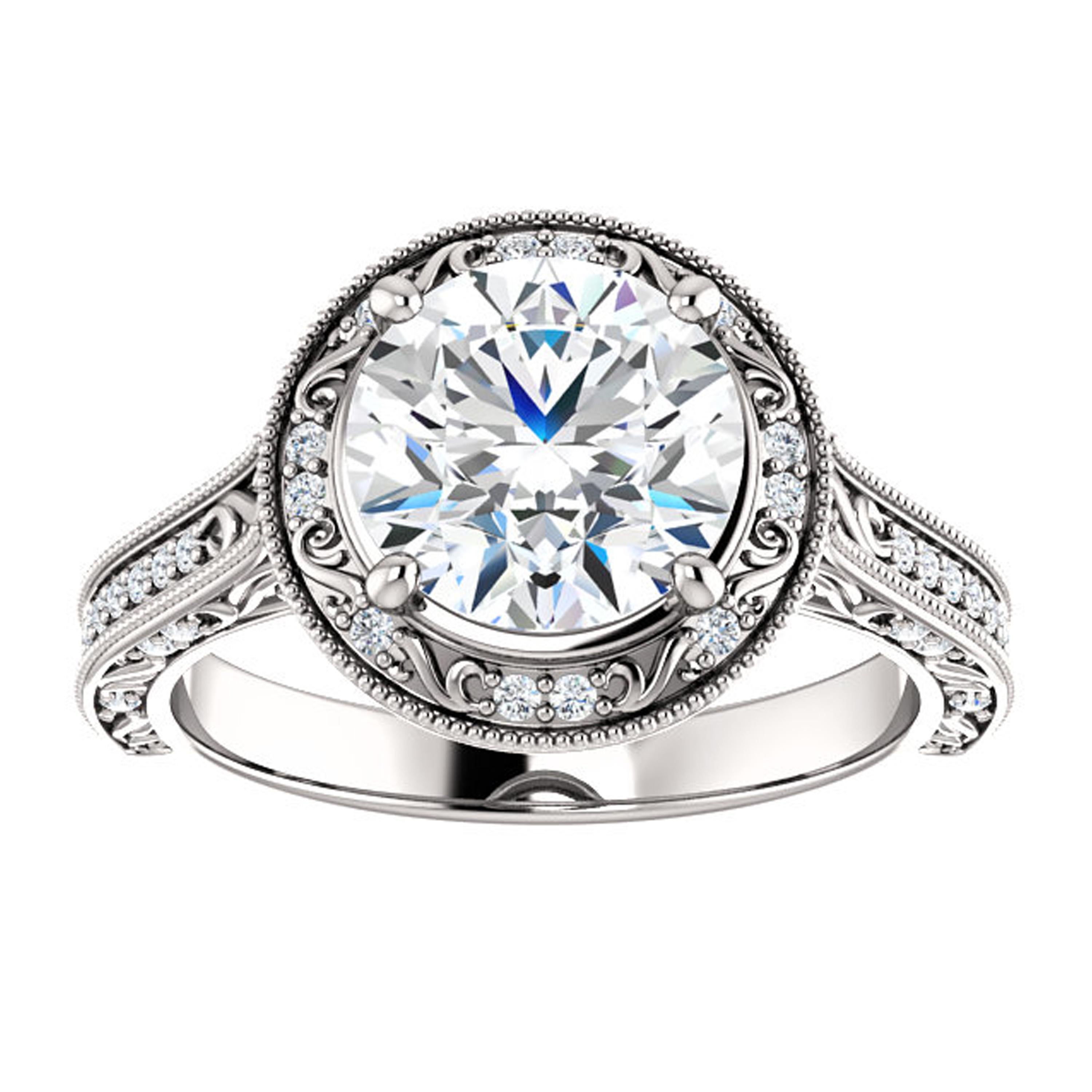 Art Deco Vintage Inspired Halo Filigree Diamond Accented GIA Round Cut Engagement Ring For Sale