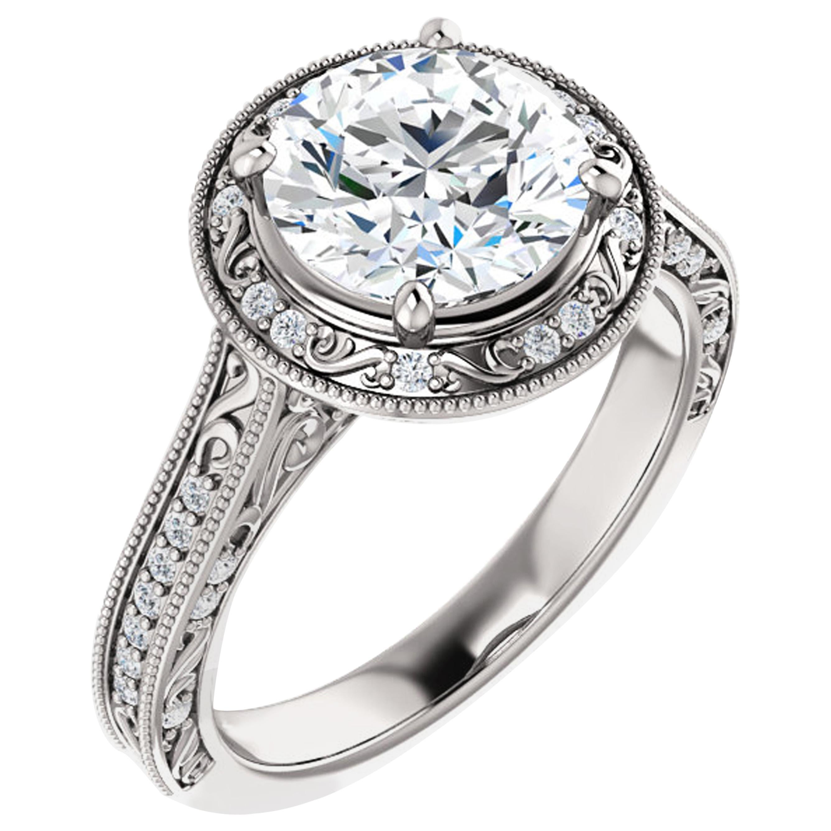 Vintage Inspired Halo Filigree Diamond Accented GIA Round Cut Engagement Ring For Sale