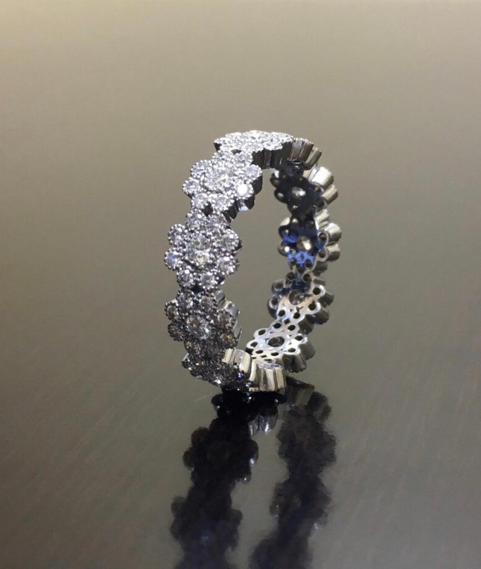 Women's Vintage Inspired Handmade Platinum Eternity Diamond Engagement Ring For Sale