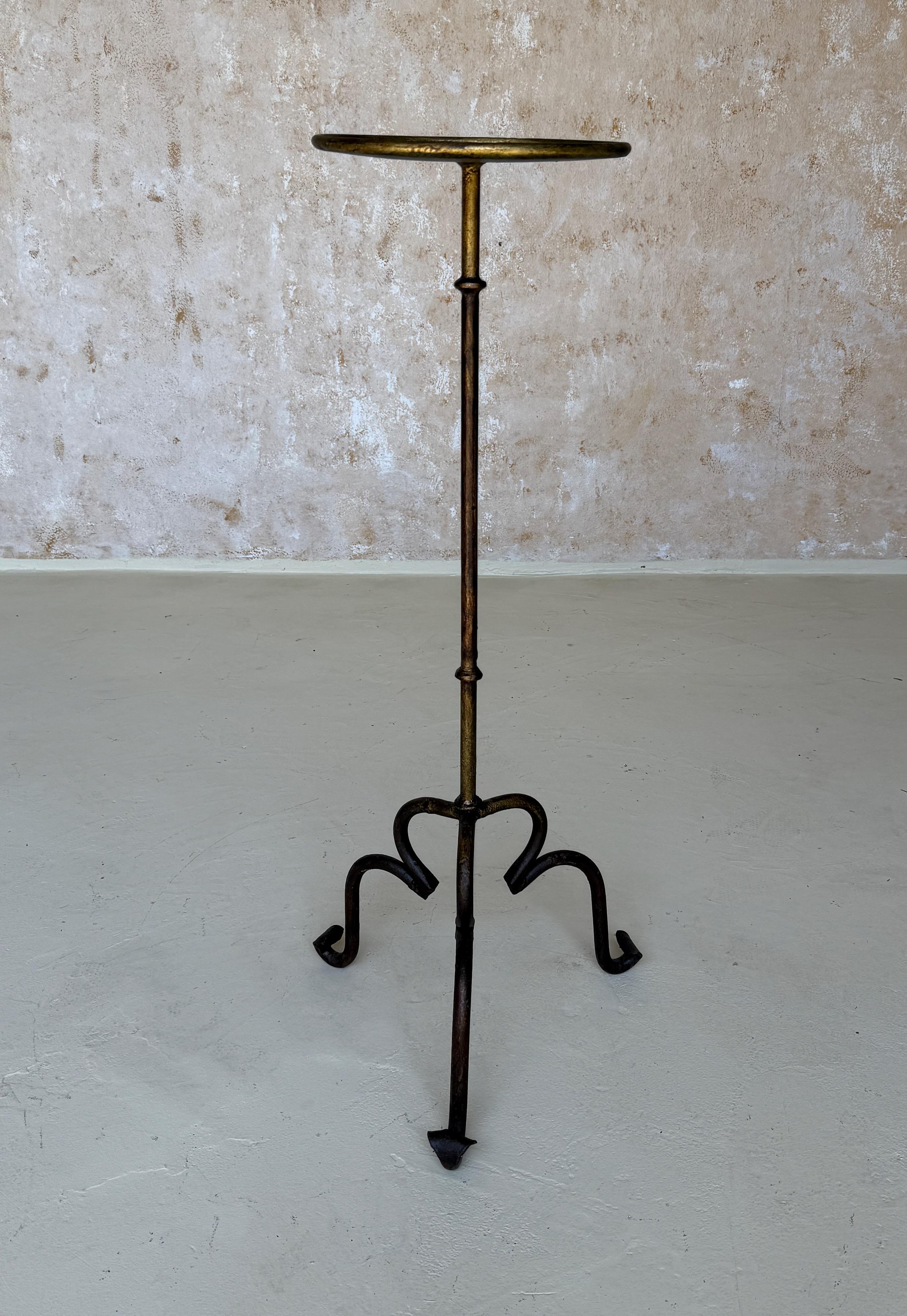 Art Nouveau Vintage-Inspired Iron Plant Stand or Tall Side Table with Tripod Base and Gilt P For Sale