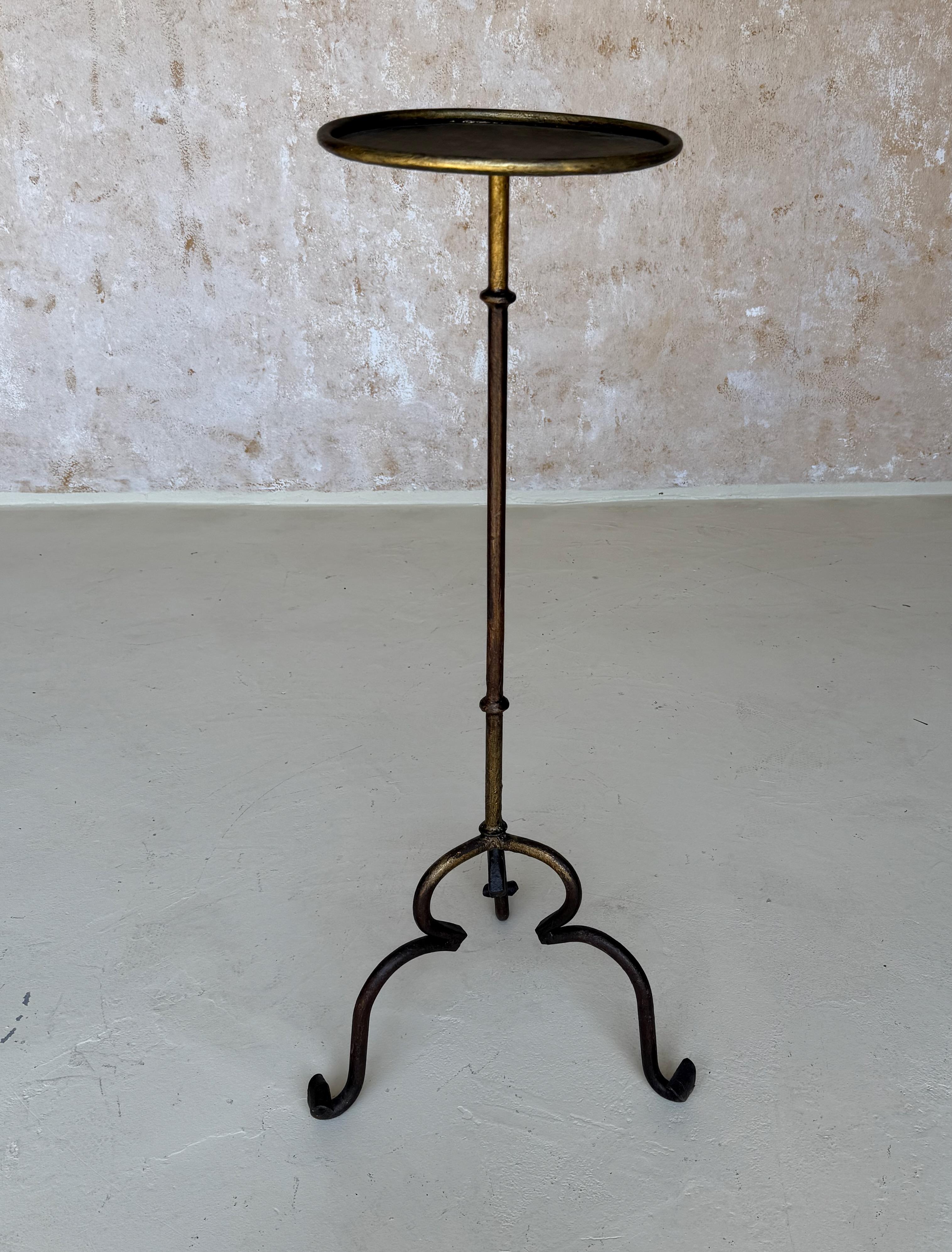 Forged Vintage-Inspired Iron Plant Stand or Tall Side Table with Tripod Base and Gilt P For Sale