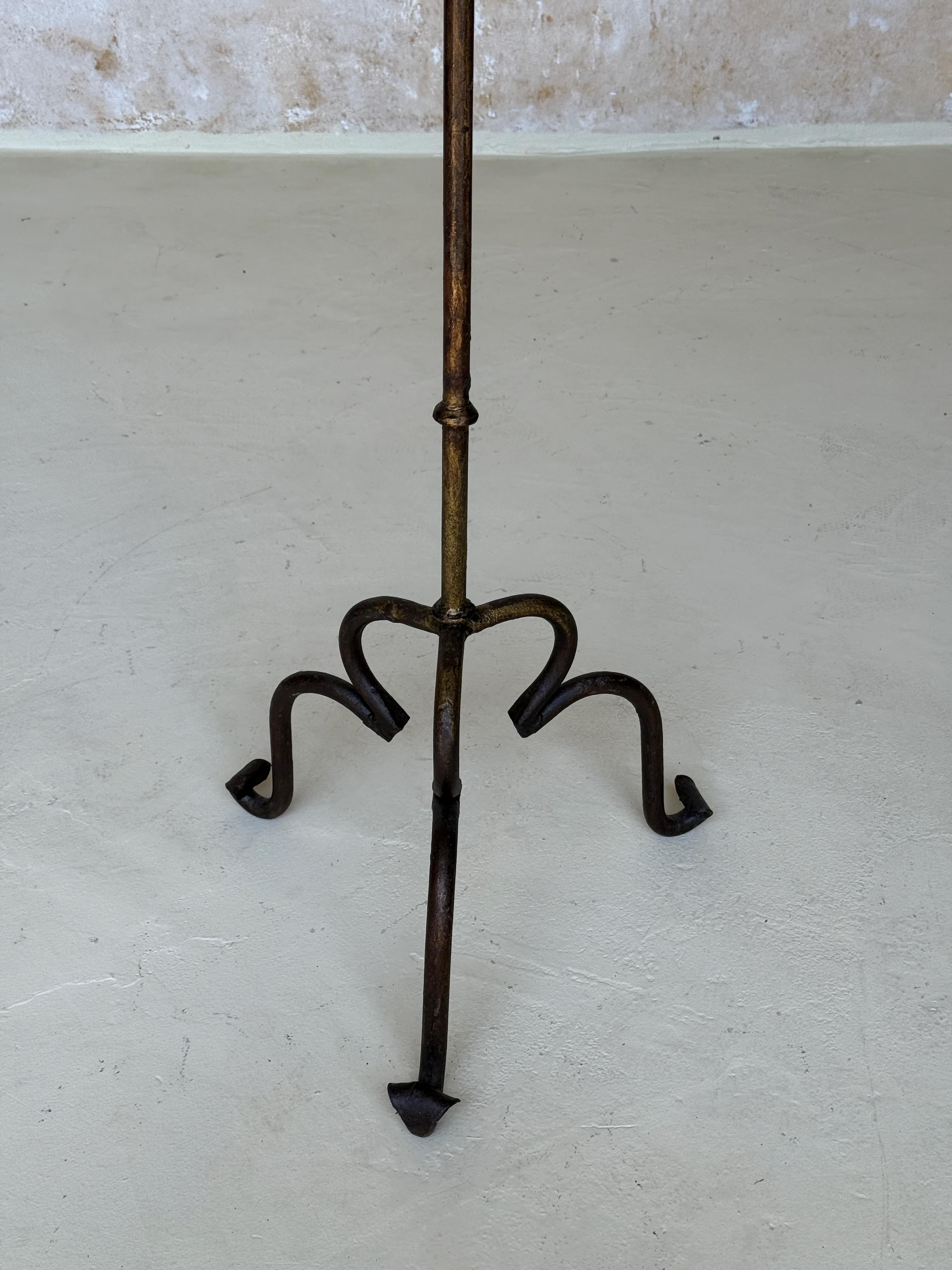 Contemporary Vintage-Inspired Iron Plant Stand or Tall Side Table with Tripod Base and Gilt P For Sale