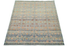 Geometrischer Khotan-Wollteppich im Vintage-Stil - Sage, Terracotta und Navy in Erdtönen