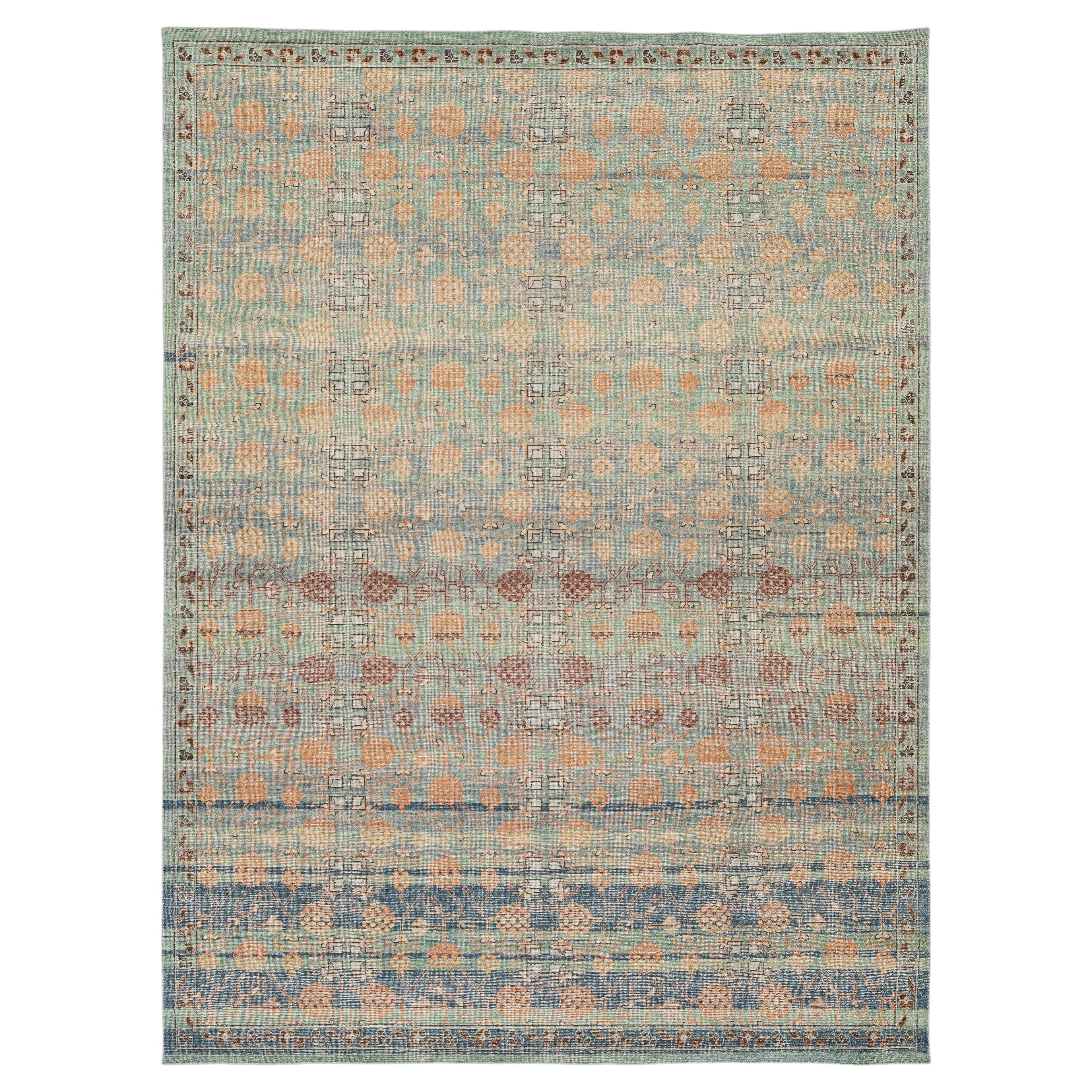 Vintage-Inspired Khotan Geometric Wool Rug – Earthy Sage, Terracotta, and Navy