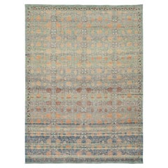 Geometrischer Khotan-Wollteppich im Vintage-Stil - Sage, Terracotta und Navy in Erdtönen