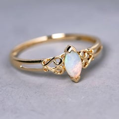 Vintage Inspired Marquise Australian Solid Opal Engagement Ring 14K Yellow Gold