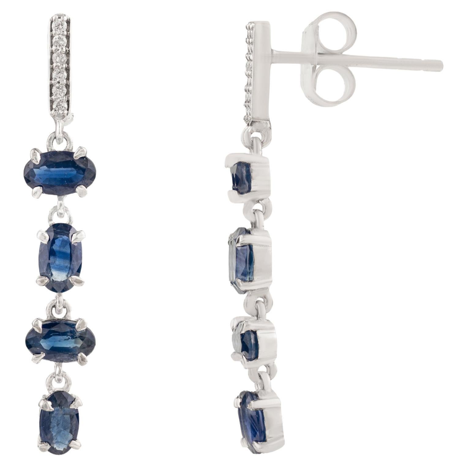 Vintage-inspired Natural Blue Sapphire & Diamond Drop Earrings in 14K White Gold