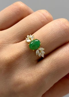 Vintage Inspired Natural Certified Oval Green Jade & Marquise Diamond Gold Ring