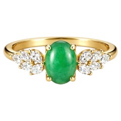 Vintage Inspired Natural Certified Oval Green Jade & Marquise Diamond Gold Ring