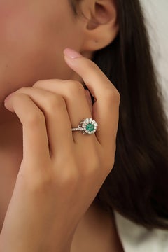 Vintage-Inspired Natural Emerald Diamond Sunburst Halo Ring in 18K White Gold