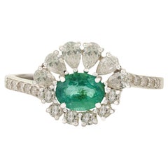 Vintage-Inspired Natural Emerald Diamond Sunburst Halo Ring in 18K White Gold