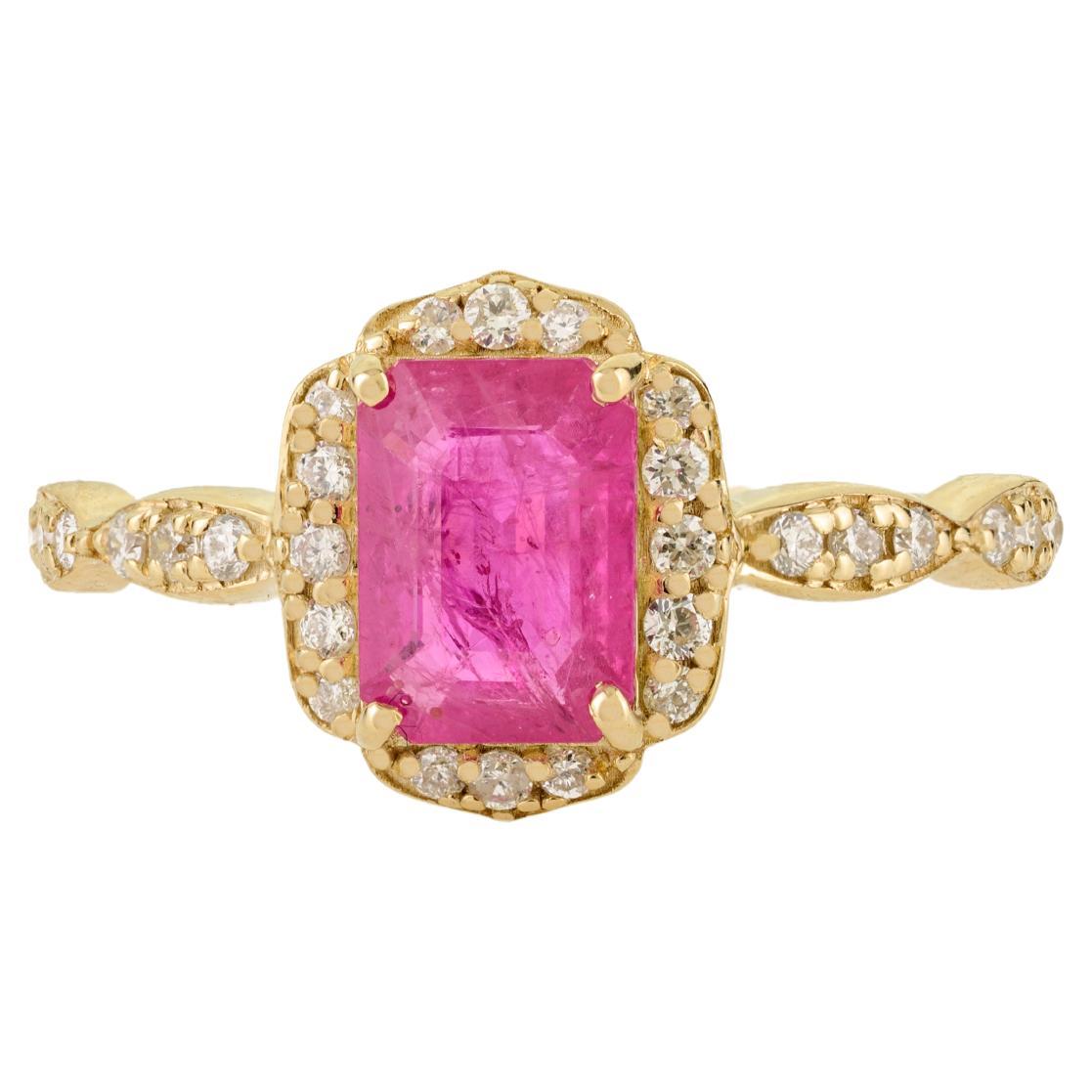 Anello a raggiera con rubino naturale e diamanti in oro giallo 14K di ispirazione vintage per donna