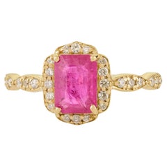 Vintage Inspired Natural Ruby and Diamond Halo Ring in 14K Yellow Gold for Women
