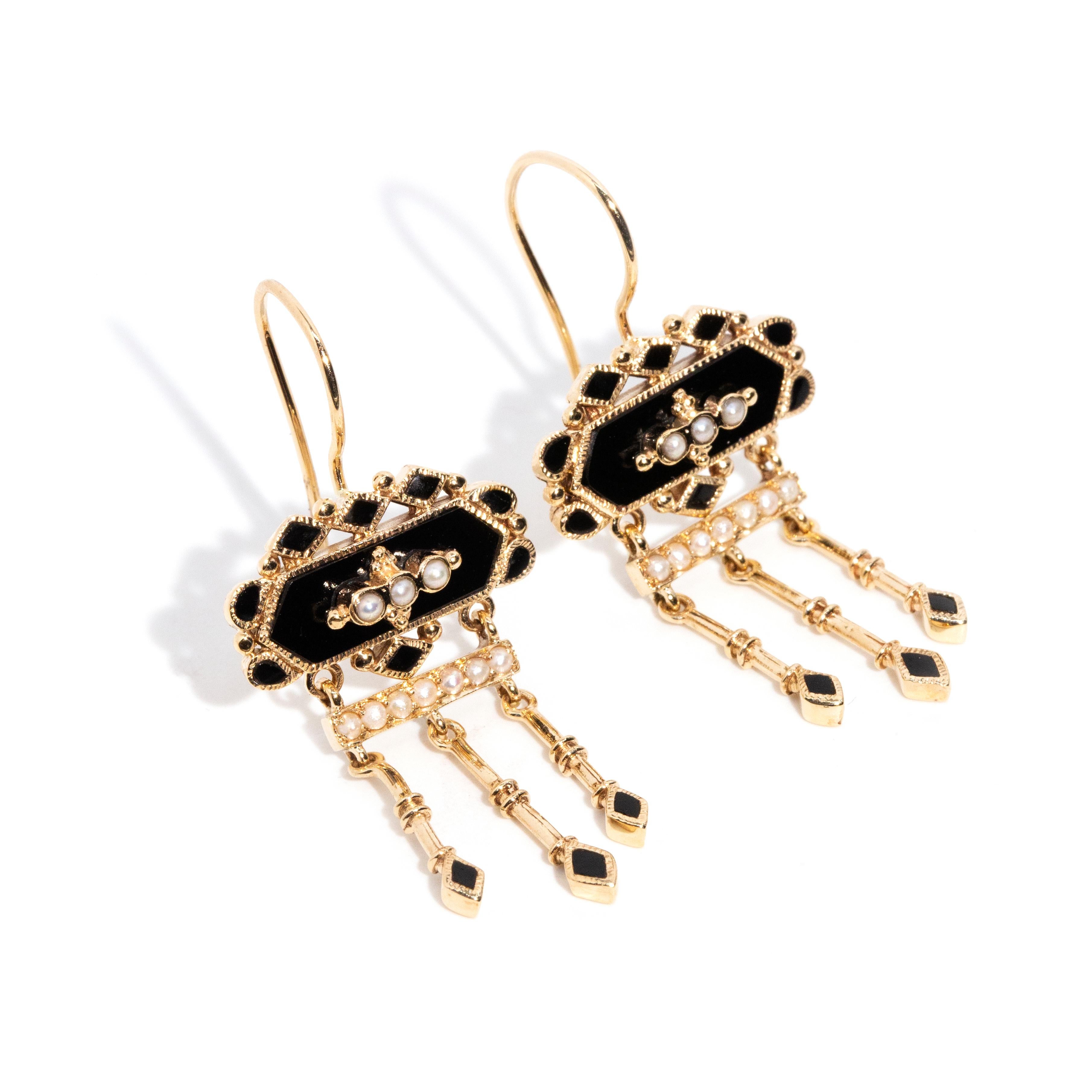 Vintage Inspired Onyx & Seed Pearl Drop Style Earrings 9 Carat Yellow Gold For Sale 1