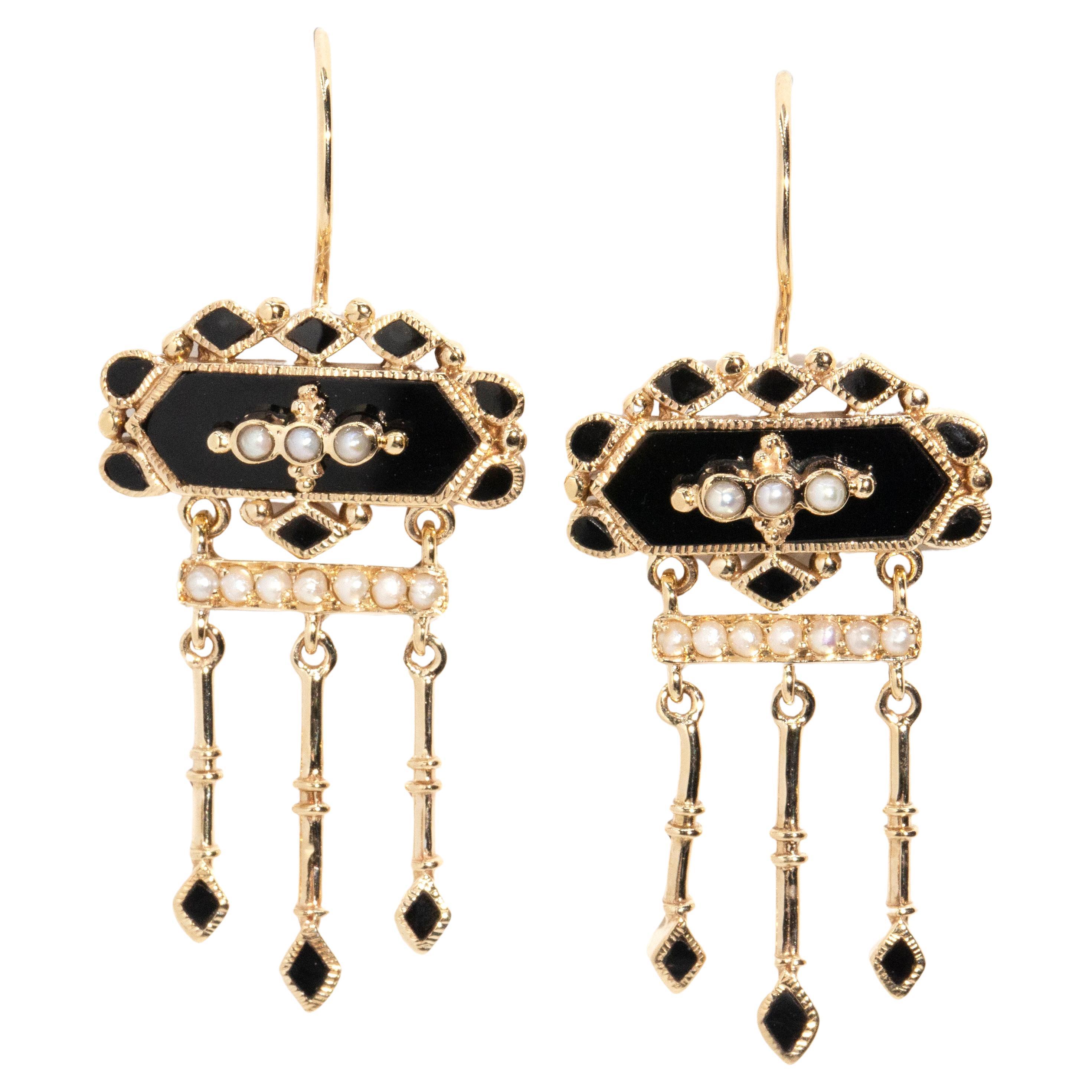 Vintage Inspired Onyx & Seed Pearl Drop Style Earrings 9 Carat Yellow Gold For Sale