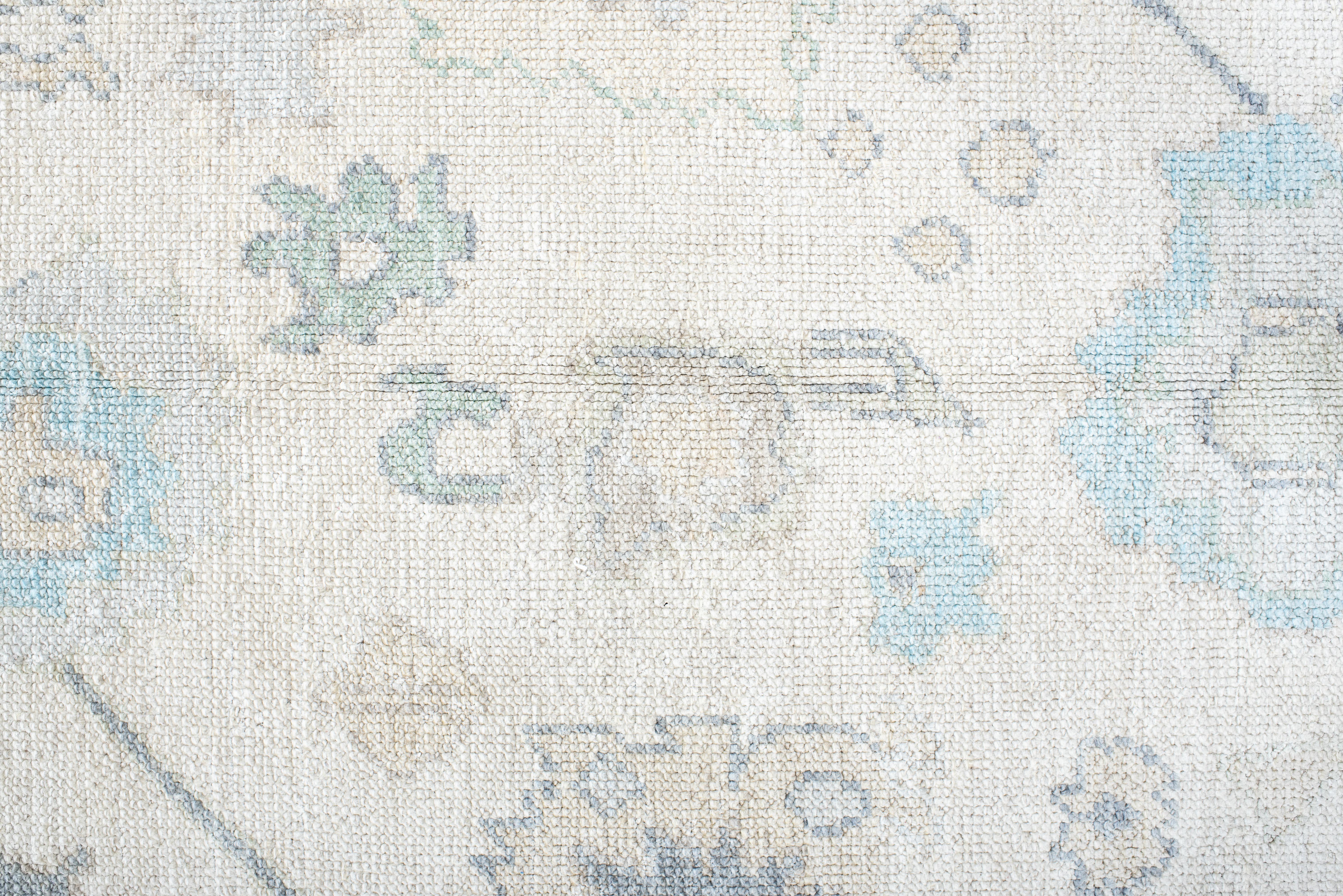 Vintage Inspired Oushak Rug in Faded Ivory and Soft Blues For Sale 1