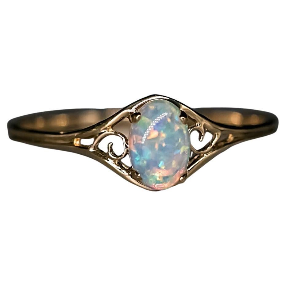 Vintage Inspired Oval Australian Solid Opal Ring 14K Yellow Gold For Sale