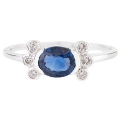 Vintage Inspired Oval Blue Sapphire & Diamond Cluster Ring in 14K White Gold