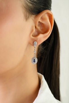 Vintage-Inspired Oval Blue Sapphire & Diamond Halo Drop Earrings 14K White Gold
