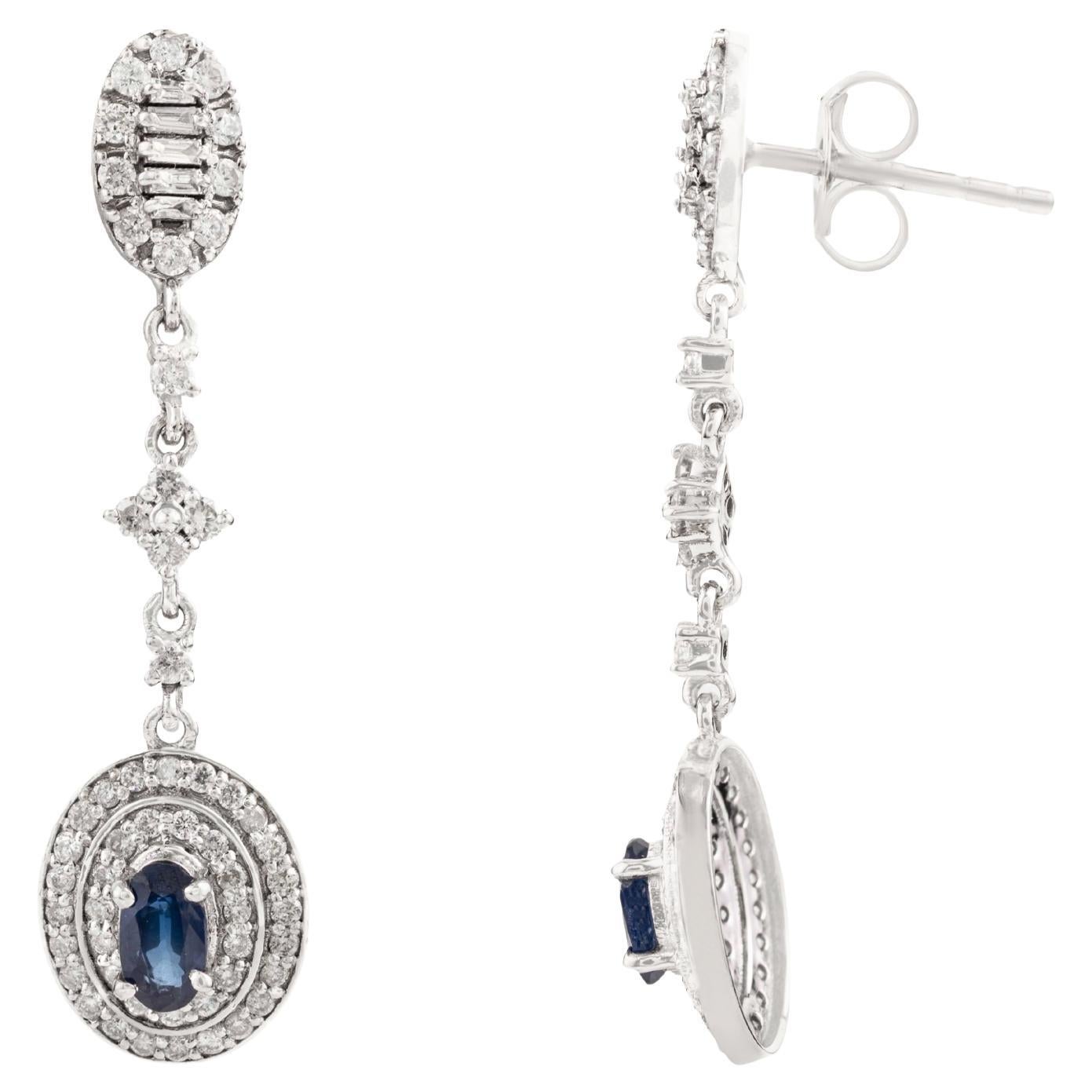 Vintage-Inspired Oval Blue Sapphire & Diamond Halo Drop Earrings 14K White Gold