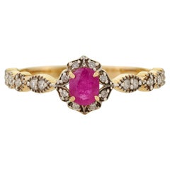 Vintage-Inspired Oval Cut Ruby & Diamond Floral Halo Ring in 14K Yellow Gold