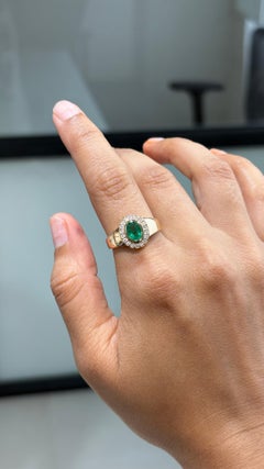 Vintage-Inspired Oval Emerald & Diamond Halo Signet Ring in 14K Yellow Gold