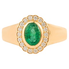 Vintage-Inspired Oval Emerald & Diamond Halo Signet Ring in 14K Yellow Gold