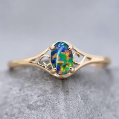 Vintage Inspired Oval Triplet Opal Engagement Ring 18K Yellow Gold