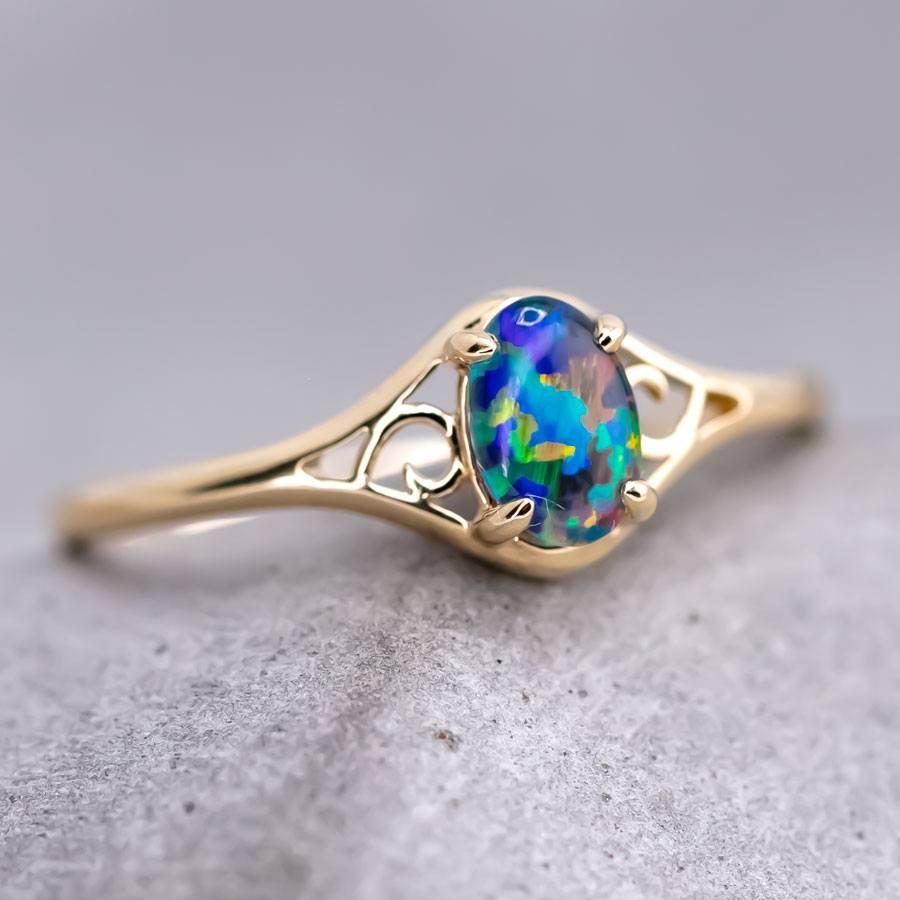 Arts and Crafts Vintage Inspired Oval Triplet Opal Engagement Ring 18K Yellow Gold For Sale
