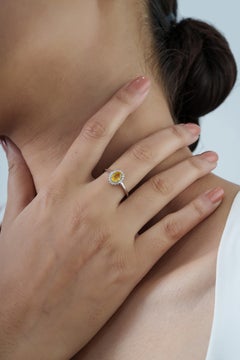 Vintage-Inspired Oval Yellow Sapphire & Diamond Halo Ring in 14K White Gold