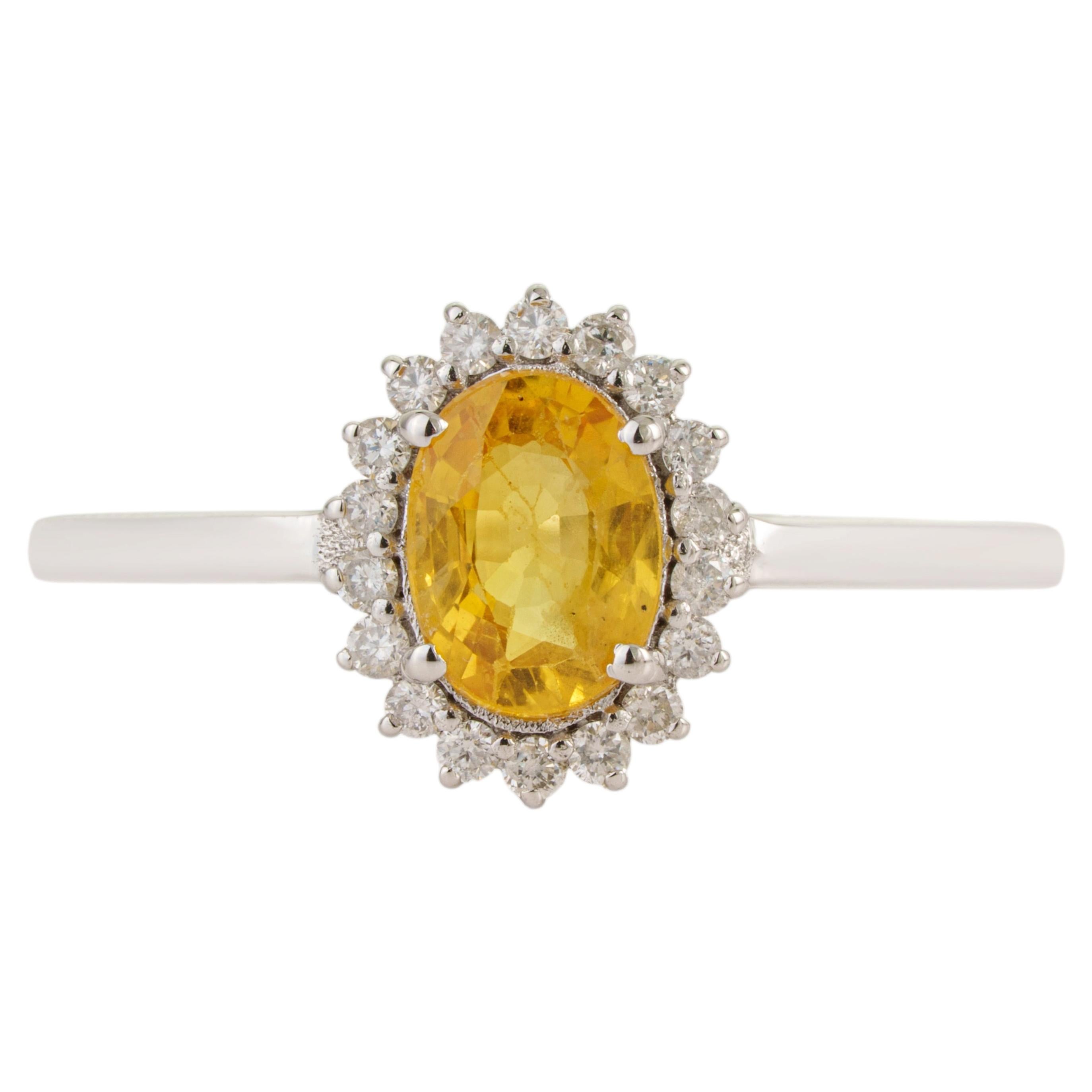 For Sale:  Vintage-Inspired Oval Yellow Sapphire & Diamond Halo Ring in 14K White Gold