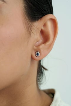 Vintage-Inspired Pear Cut Blue Sapphire & Diamond Halo Stud Earrings in 14K Gold