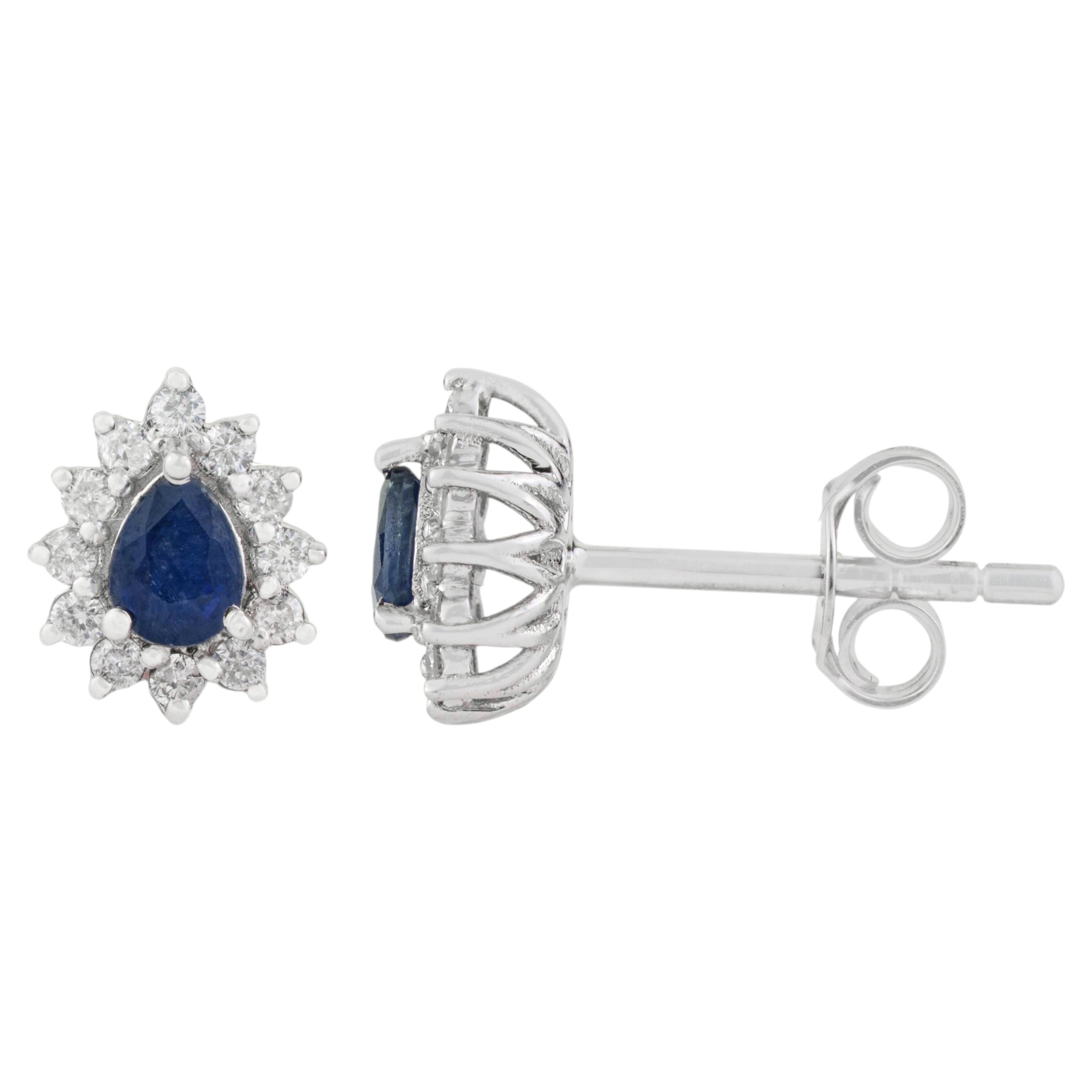 Vintage-Inspired Pear Cut Blue Sapphire & Diamond Halo Stud Earrings in 14K Gold