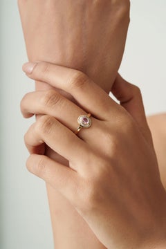 Vintage Inspired Pink Sapphire & Baguette Diamond Halo Ring in 14K Yellow Gold