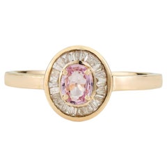 Vintage Inspired Pink Sapphire & Baguette Diamond Halo Ring in 14K Yellow Gold