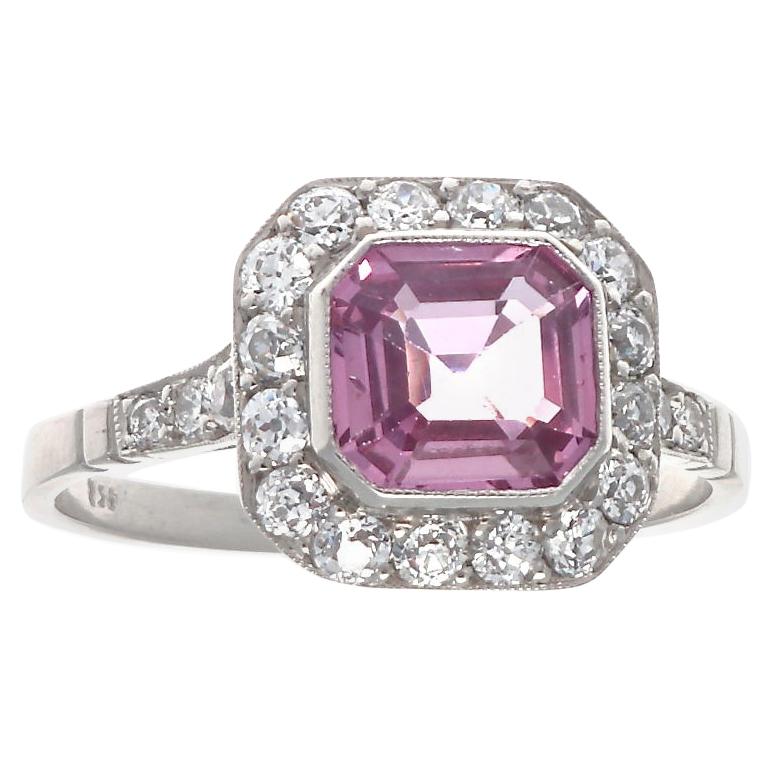 Vintage Inspired Pink Sapphire Diamond Platinum Engagement Ring