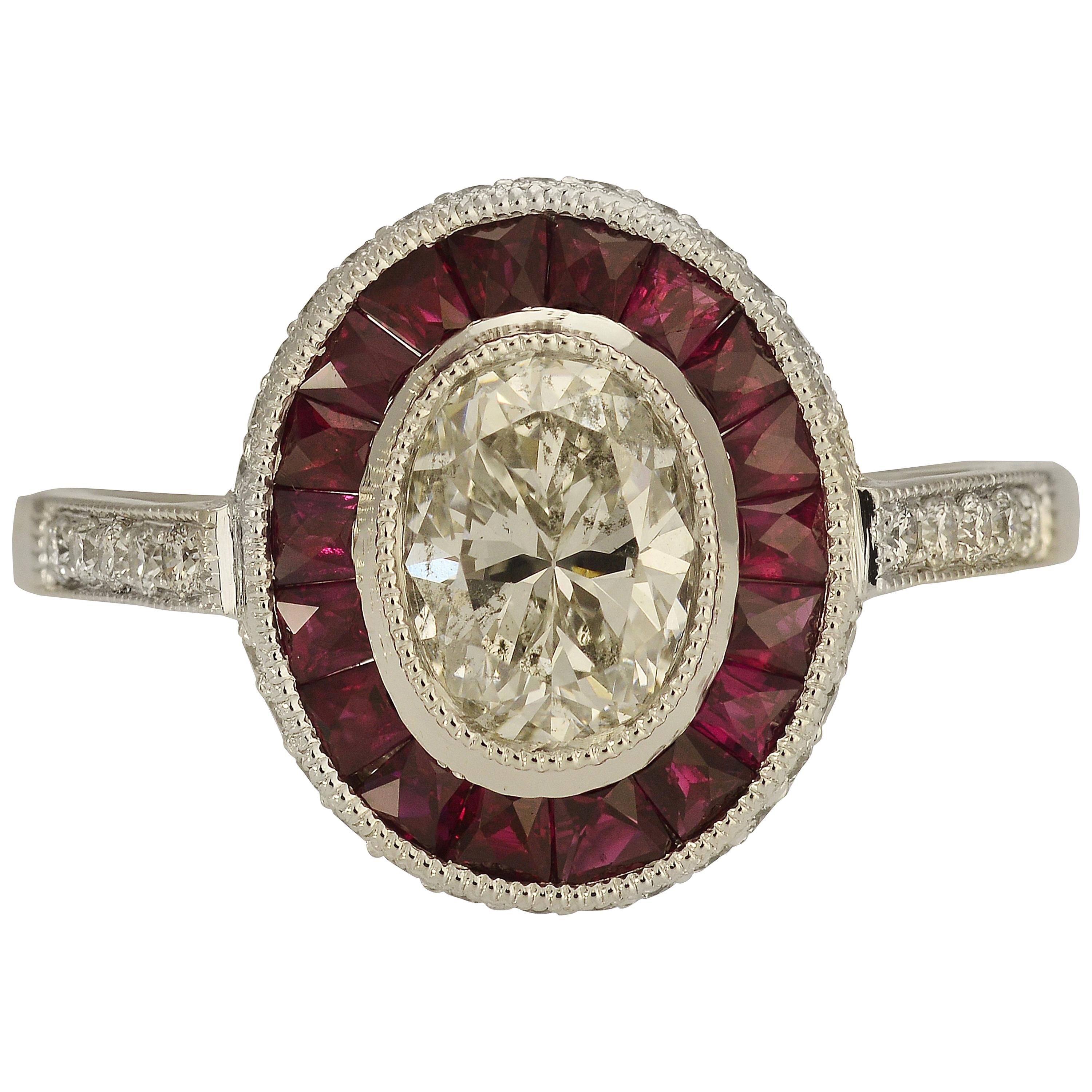 Vintage Inspired Platinum Ruby and Oval Diamond Ring For Sale