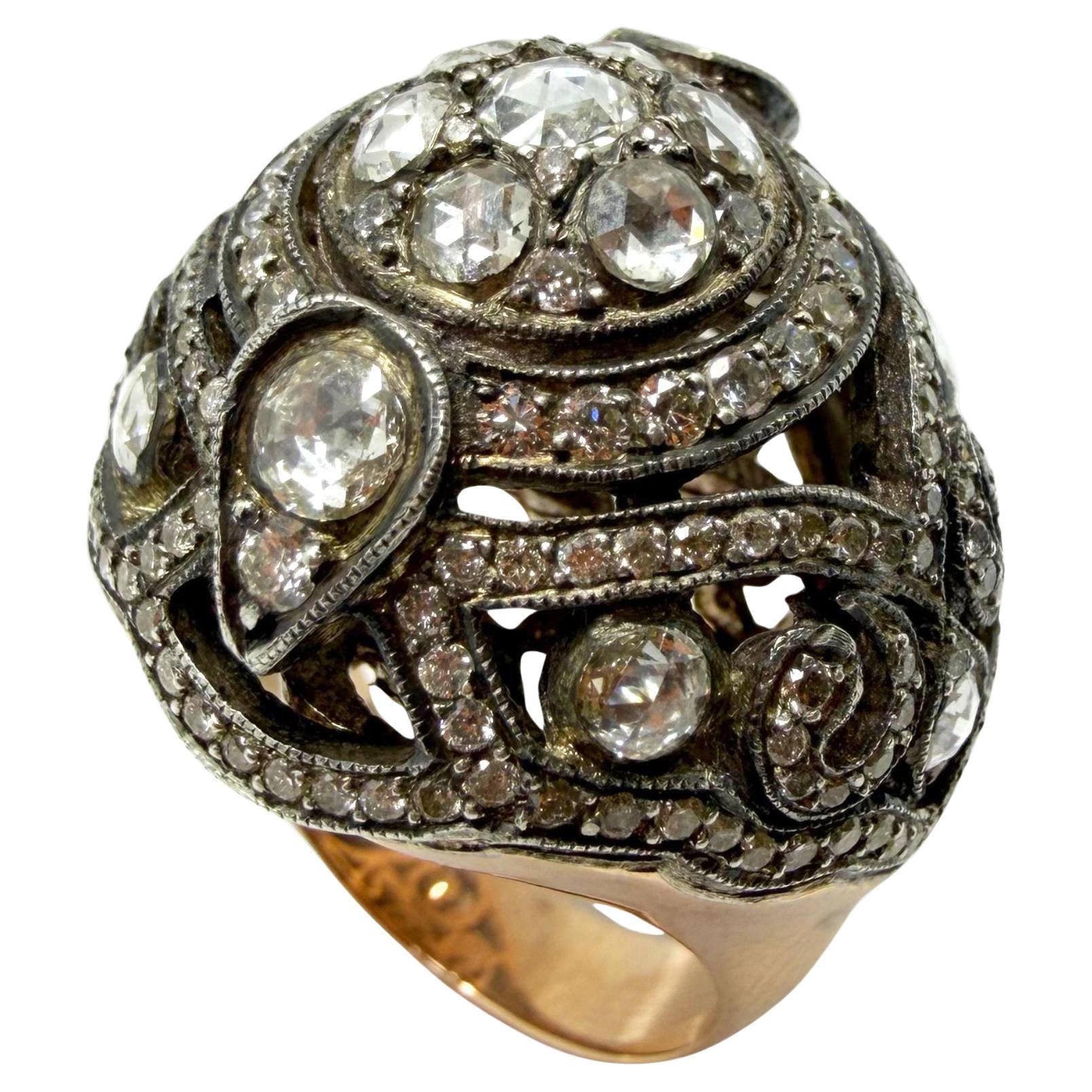 Vintage Inspired Rose Gold and Silver Rose Cut Diamond Dome Cocktail Ring