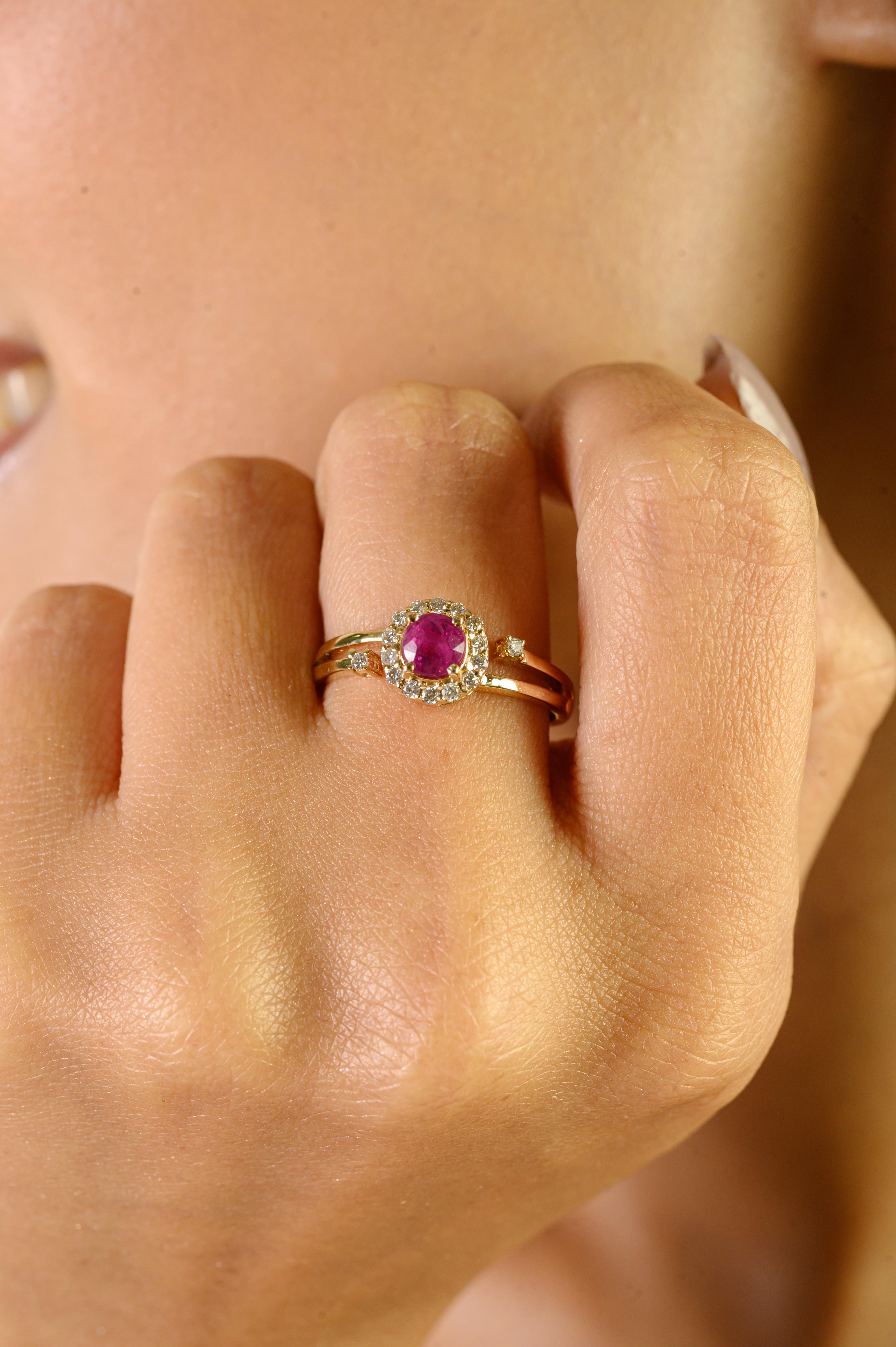 Im Angebot: Vintage Inspiriert Runde Rubin & Diamant Halo Ring in 14K Gelbgold Feiner Schmuck () 8