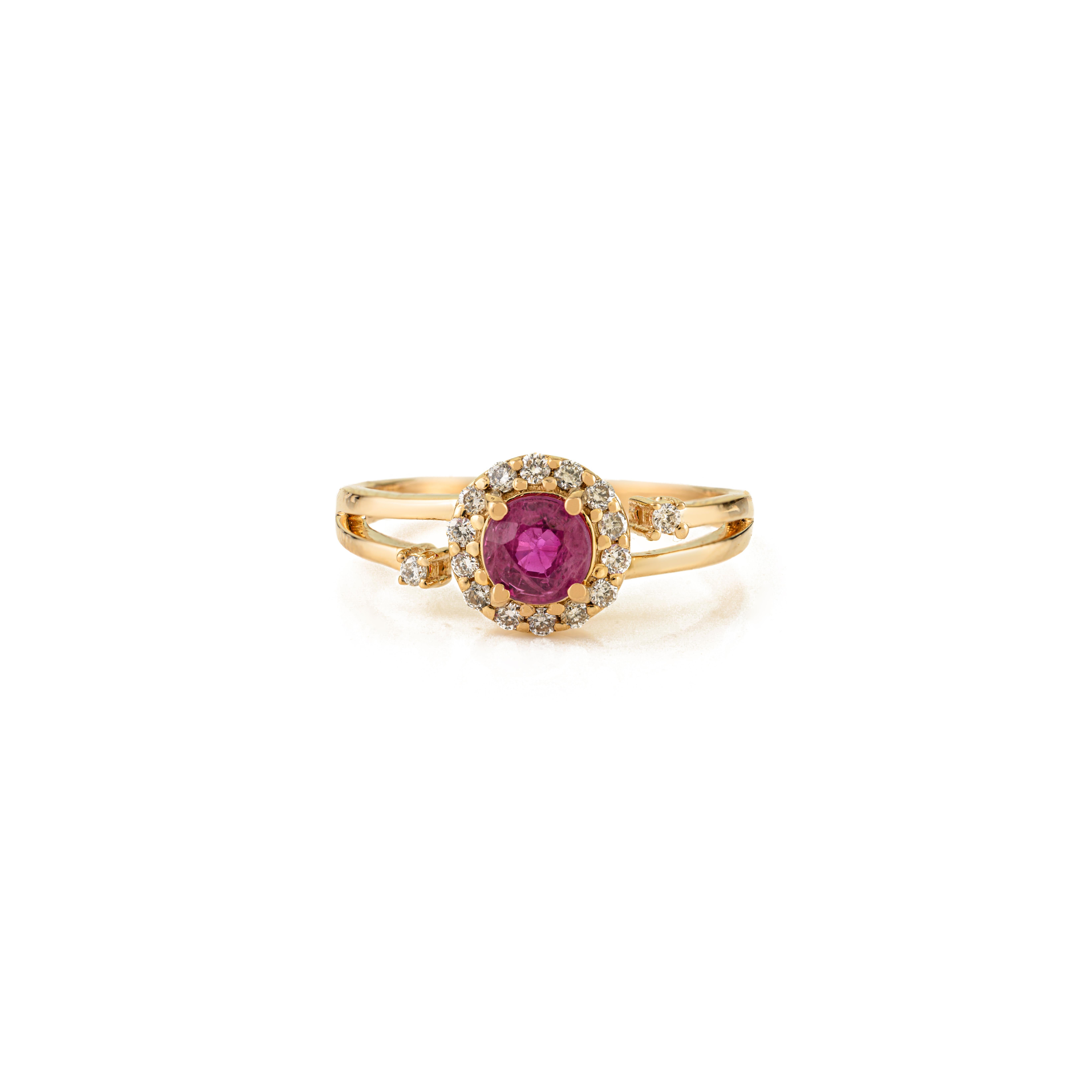 Im Angebot: Vintage Inspiriert Runde Rubin & Diamant Halo Ring in 14K Gelbgold Feiner Schmuck () 9