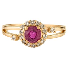 Vintage Inspired Round Ruby & Diamond Halo Ring in 14K Yellow Gold Fine Jewelry