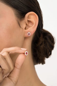 Vintage-Inspired Ruby & Diamond Halo Cluster Stud Earrings in 14K Yellow Gold